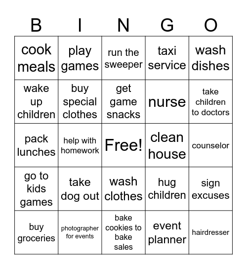 MOTHER'S DUTIES BINGO Card