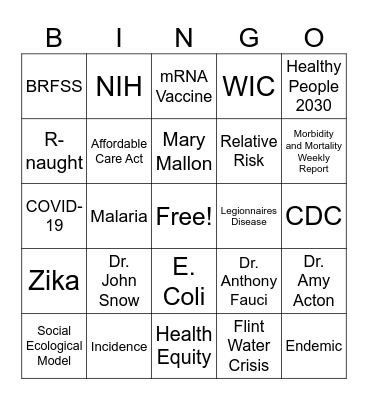 Public Health Bingo Card