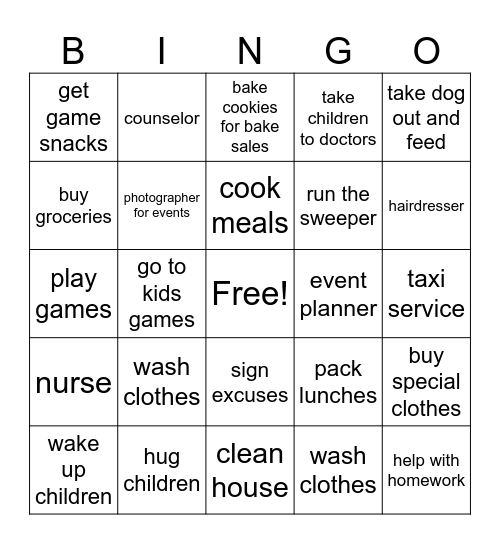 MOTHER'S DUTIES BINGO Card