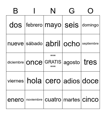Grade 6 Spanish Bingo Card