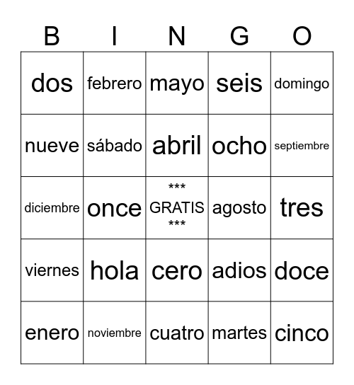 Grade 6 Spanish Bingo Card