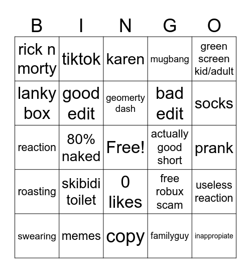 shorts Bingo Card