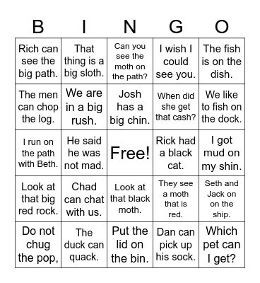 Decodable Sentence Bingo with Digraphs Bingo Card