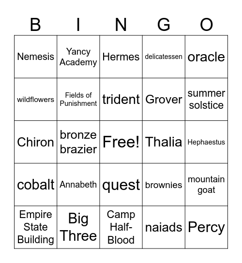 Percy Jackson - Chapters 7 and 8 Bingo Card