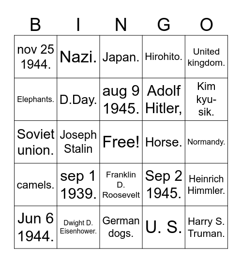 WW2 Bingo Card