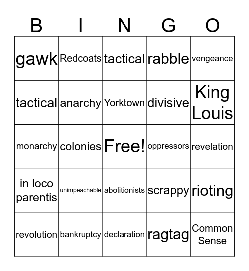 Hamilton Sing-along Bingo Card