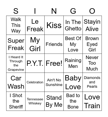 Classic Hits Bingo Card