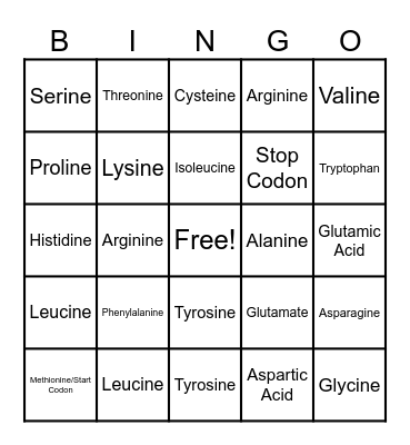 Protein Synthesis Bingo (Pringo) Bingo Card