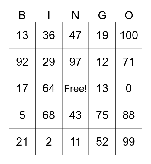 Numbers 1-100 Bingo Card