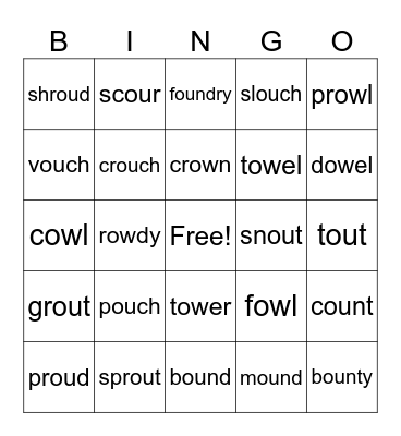 ou and ow vowel team Bingo Card