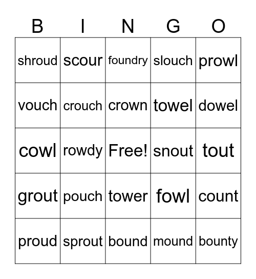 ou and ow vowel team Bingo Card