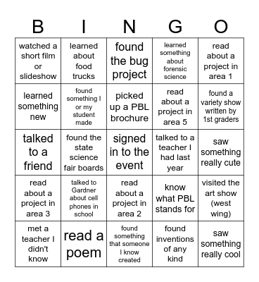 Spring PBL Exhibition Bingo Card