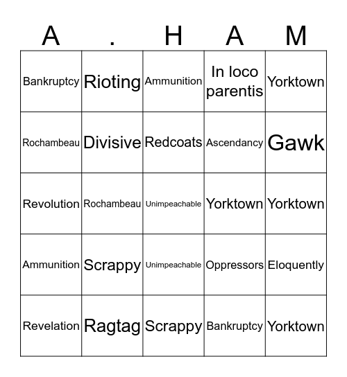 Hamilton Sing-along Bingo Card