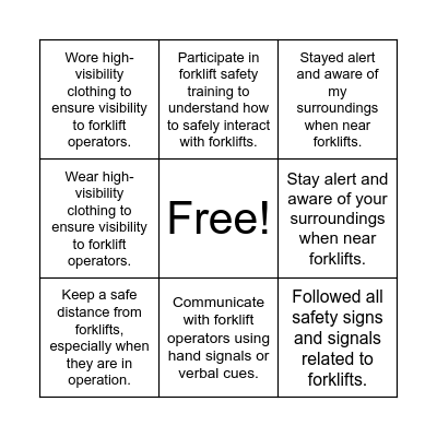 Forklift Pedestrian Safety Bingo Card