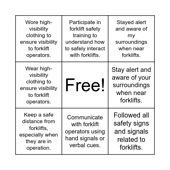 Forklift Pedestrian Safety Bingo Card