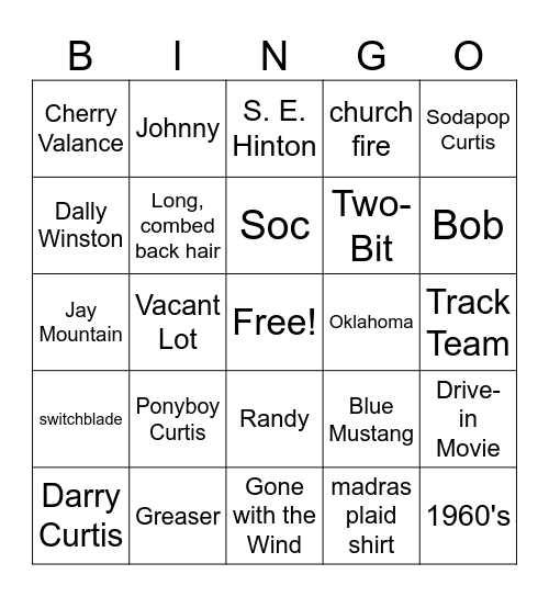 Outsiders Bingo Card