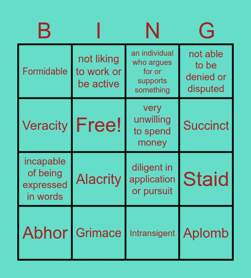 ACT Vocabulary Bingo Card