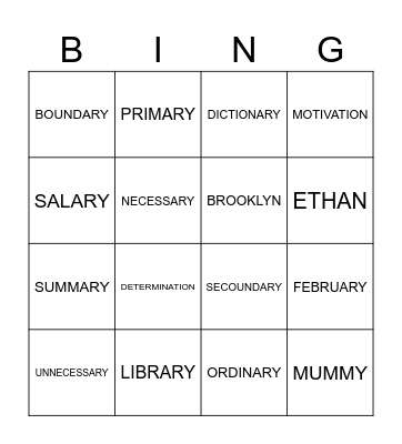 ETHAN SPELLINGS 22.04.24 Bingo Card