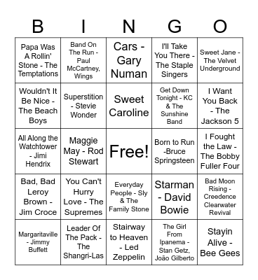 Songs of the 60's and 70's (Double Bingo) Bingo Card