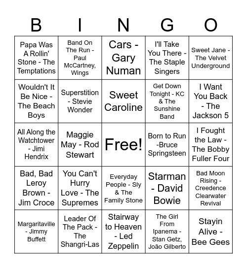 Songs of the 60's and 70's (Double Bingo) Bingo Card