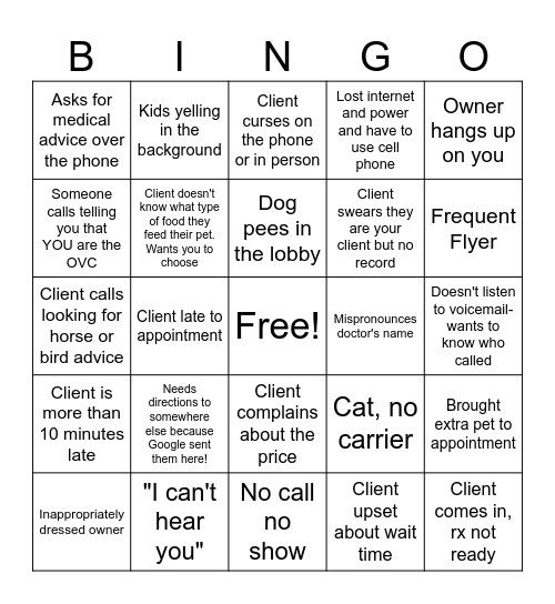 Veterinary Receptionist Bingo Card