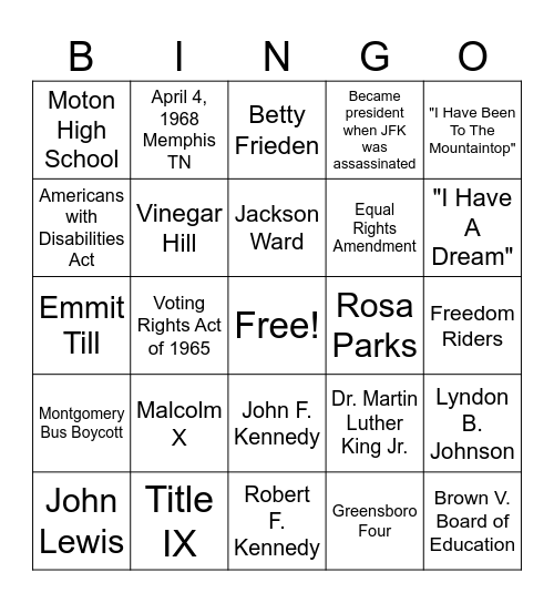 Civil Rights Movement Bingo Card