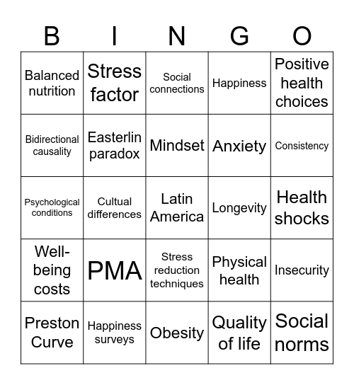 Health and Happiness Bingo Card