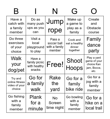 Family Fun Activities Bingo Card