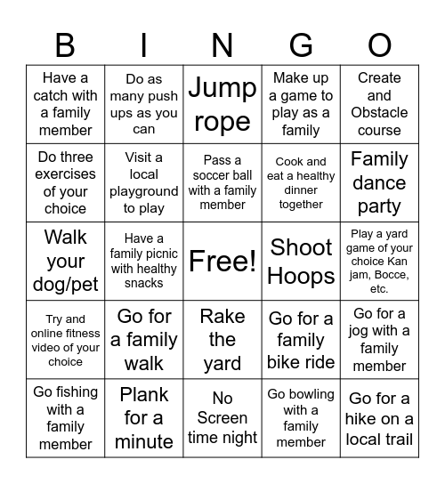 Family Fun Activities Bingo Card