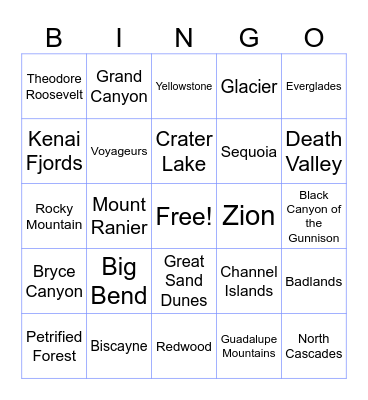 National Parks! Bingo Card