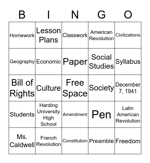 Social Studies  Bingo Card