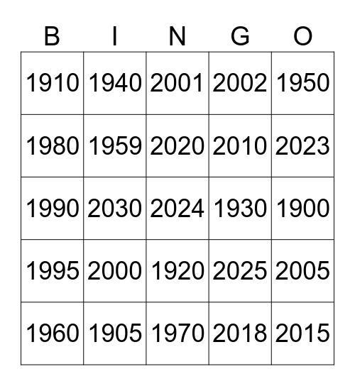 YEARS Bingo Card