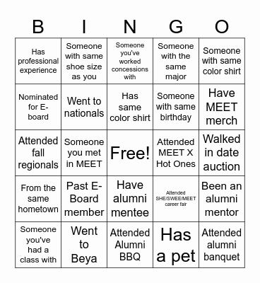 MEET Alumni Banquet Bingo Card