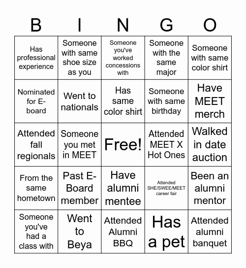 MEET Alumni Banquet Bingo Card
