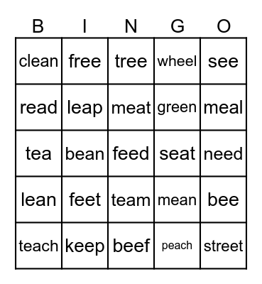 ee and ea words Bingo Card
