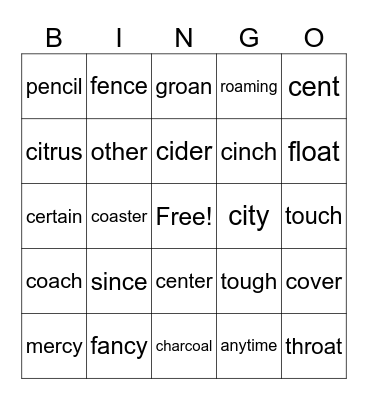 Words with c=s and oa Bingo Card