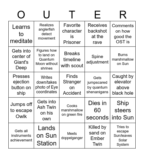 Outer Wilds Bingo Card