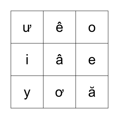 Vietnamese Vowels Bingo Card