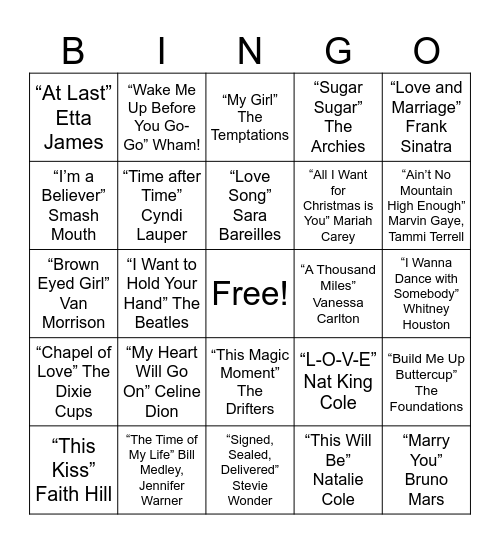 Love Songs Bingo Card