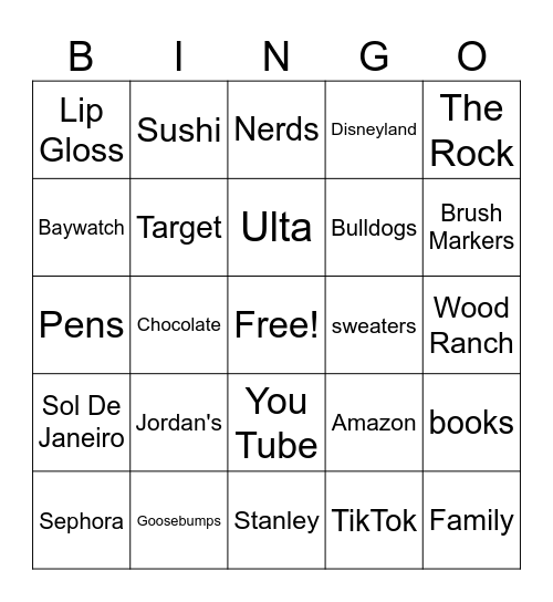 Bella's Bingo Game Bingo Card