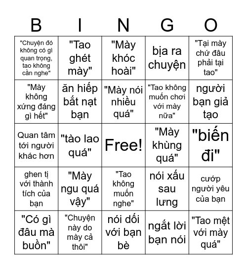 Unhealthy Friendship Bingo Card