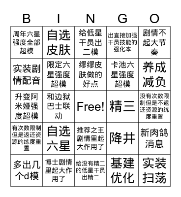 五周年直播 Bingo Card
