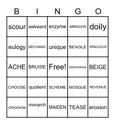 Challenge Words Bingo Card