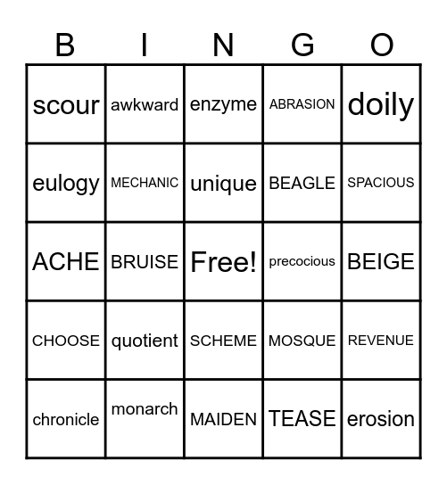 Challenge Words Bingo Card
