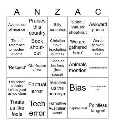 ANZAC Bingo Card