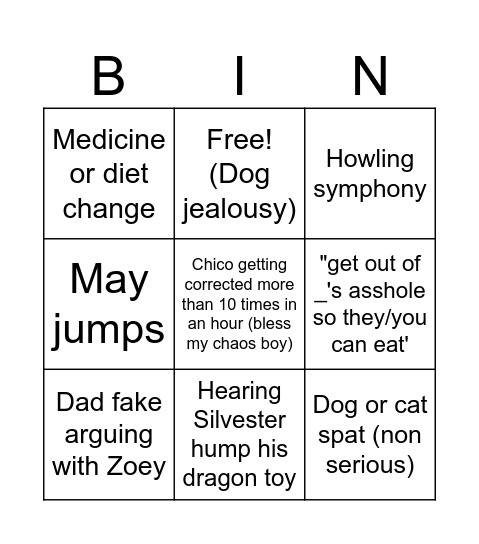 Pet sitting Bingo Card
