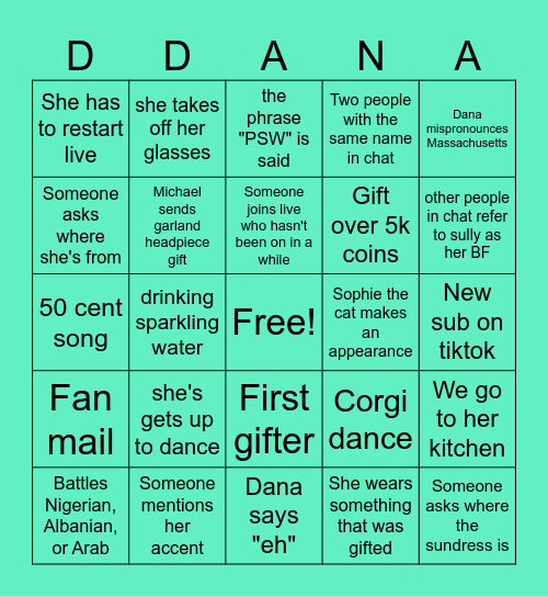 Granny Dana Bingo Night Bingo Card