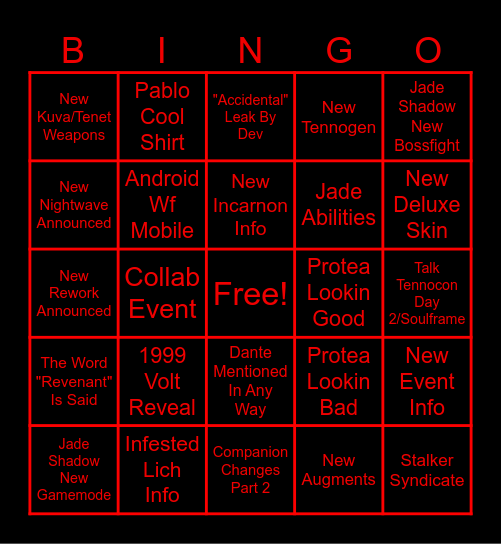 April Warframe Devstream Bingo Card