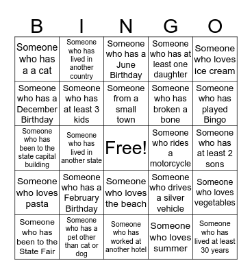 Get to Know You Bingo - Holiday Inn Bingo Card