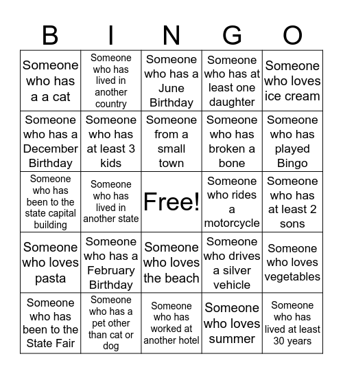 Get to Know You Bingo - Holiday Inn Bingo Card